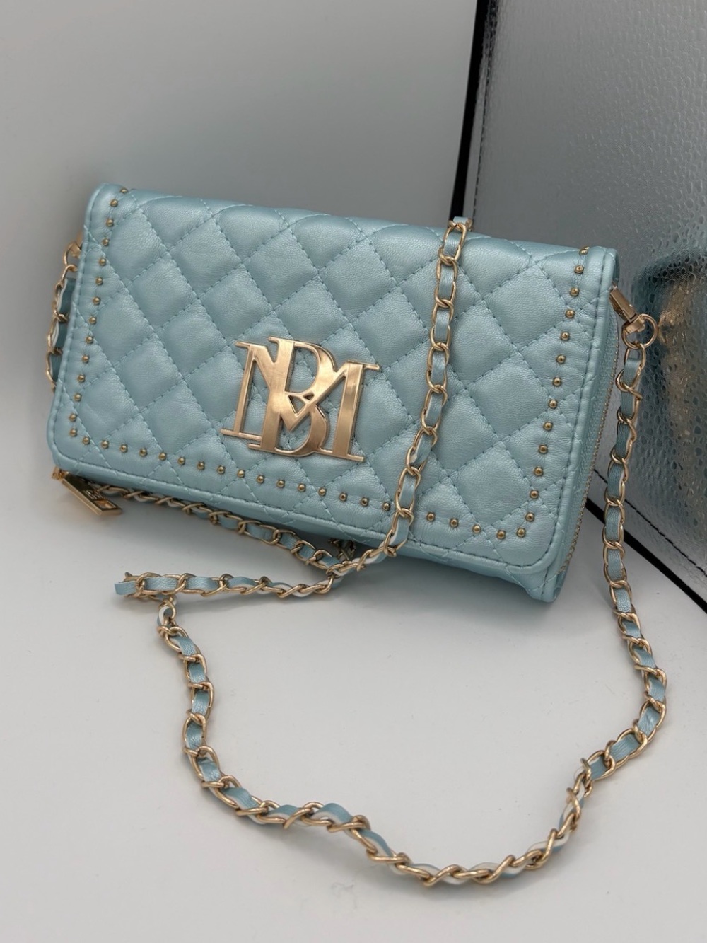 Badgley Mischka Quilted Powder Blue Chain Crossbody with Gold Hardware